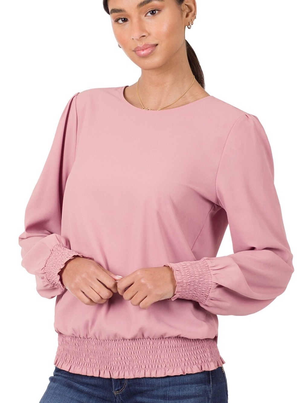 Zenana Smocked Hem Long Sleeve Top - Dusty Pink